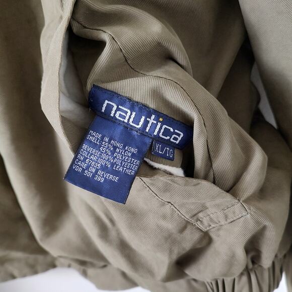 VTG Nautica Bomber Jacket Sz XL Beige Cotton Reversible Green Fleece Mens pocket - Picture 5 of 8